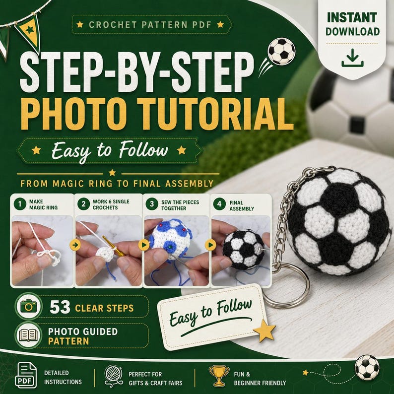 Op de afbeelding: Een digitaal haakpatroon in PDF voor een voetbal-sleutelhanger, met stapsgewijze fototutorials, 53 duidelijke stappen en instructies van magische ring tot eindmontage. Inclusief een afgewerkte zwart-witte gehaakte voetbal-sleutelhanger.