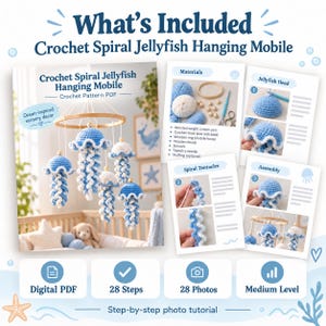 May include: A digital PDF crochet pattern for a spiral jellyfish hanging mobile. The document includes 28 steps and 28 photos, detailing materials like cotton yarn, a wooden ring, and beads, with instructions for the jellyfish head and tentacles.