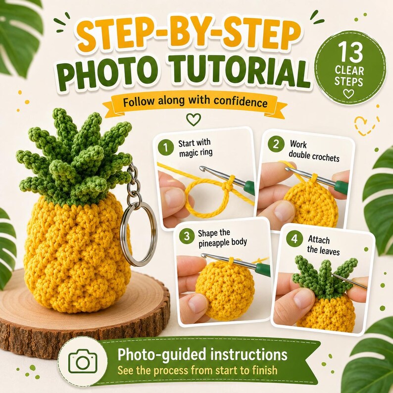 May include: A crochet pineapple keychain with a yellow textured body and green leaves, accompanied by a step-by-step photo tutorial featuring 13 clear steps, showing the process of starting with a magic ring, double crochets, and assembly.