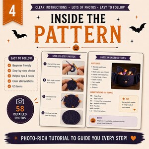 Pu&ograve; includere: Una guida al modello all'uncinetto per un cestino a forma di pipistrello viola con foto passo-passo, elenco dei materiali inclusi occhi di sicurezza da 12mm e uncinetto da 4.0 mm, abbreviazioni USA e 58 foto dettagliate. Il testo recita Inside The Pattern.