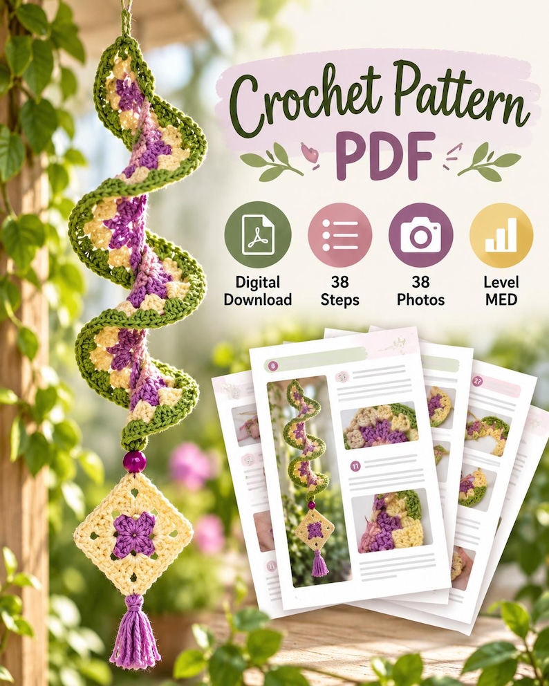 K&ouml;nnte beinhalten: Eine H&auml;kelanleitung als PDF f&uuml;r ein spiralf&ouml;rmiges H&auml;ngedekor aus gr&uuml;nem, violettem und cremefarbenem Garn. Das Dokument enth&auml;lt 38 Schritte, 38 Fotos und einen mittleren Schwierigkeitsgrad. Ein quadratisches Motiv mit violettem Quastenanh&auml;nger.