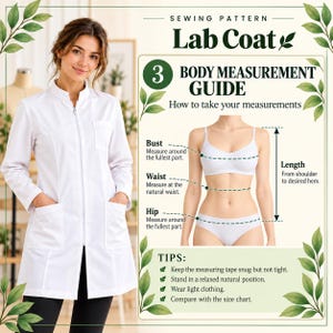 Peut inclure: Un patron de couture pour blouse blanche pr&eacute;sentant une blouse avec fermeture &eacute;clair, deux poches inf&eacute;rieures et une poche poitrine. L'image inclut un guide de mesures corporelles avec des instructions pour le buste, la taille et les hanches.