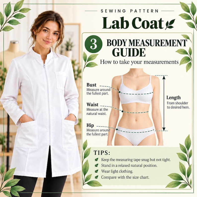 Peut inclure: Un patron de couture pour blouse blanche pr&eacute;sentant une blouse avec fermeture &eacute;clair, deux poches inf&eacute;rieures et une poche poitrine. L'image inclut un guide de mesures corporelles avec des instructions pour le buste, la taille et les hanches.