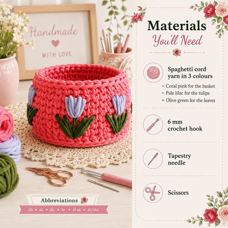 May include: A coral pink crocheted basket featuring pale lilac tulips and olive green leaves. The image includes a list of materials: spaghetti cord yarn, a 6 mm crochet hook, a tapestry needle, and scissors, alongside a list of abbreviations.
