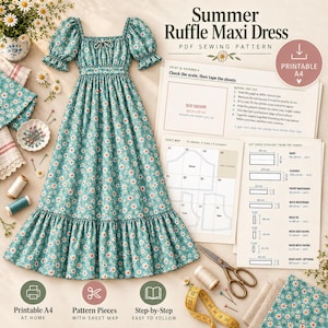 K&ouml;nnte beinhalten: Ein t&uuml;rkisfarbenes Maxikleid mit wei&szlig;em G&auml;nsebl&uuml;mchenmuster, Puff&auml;rmeln und ger&uuml;schtem Saum, zusammen mit einem PDF-Schnittmuster f&uuml;r ein Sommer-R&uuml;schen-Maxikleid, Anleitungen, einem Schnittplan, Stoffst&uuml;cken, einer Schere und einem Ma&szlig;band.