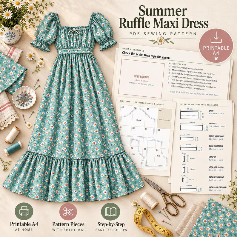 K&ouml;nnte beinhalten: Ein t&uuml;rkisfarbenes Maxikleid mit wei&szlig;em G&auml;nsebl&uuml;mchenmuster, Puff&auml;rmeln und ger&uuml;schtem Saum, zusammen mit einem PDF-Schnittmuster f&uuml;r ein Sommer-R&uuml;schen-Maxikleid, Anleitungen, einem Schnittplan, Stoffst&uuml;cken, einer Schere und einem Ma&szlig;band.