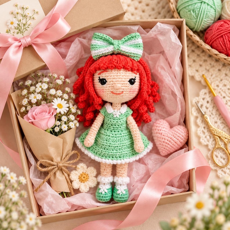 K&ouml;nnte beinhalten: Eine handgefertigte H&auml;kelpuppe mit leuchtend rotem Lockenhaar, einem gr&uuml;nen Kleid und einer passenden gr&uuml;nen Schleife, in einer Geschenkbox neben einem kleinen Strau&szlig; aus rosa Rosen und wei&szlig;em Schleierkraut, einem rosa H&auml;kelherz und einer kleinen Blume.