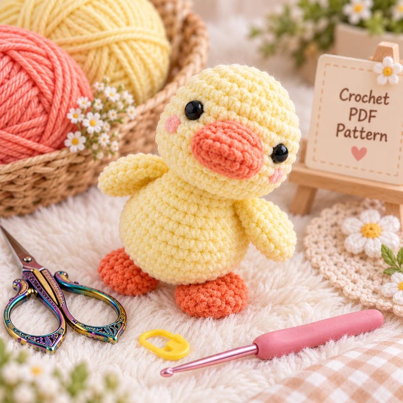 May include: A yellow crocheted duck toy with an orange beak and feet, black safety eyes, and pink cheeks. Beside it are a pair of ornate iridescent scissors, a yellow stitch marker, a pink crochet hook, and a sign reading Crochet PDF Pattern.