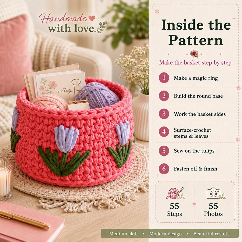 May include: A round, pink crocheted basket featuring lavender tulip motifs with green stems and leaves. The basket contains yarn balls and note cards. Text on the right outlines six steps for the pattern, including making a magic ring and sewing on tulips.