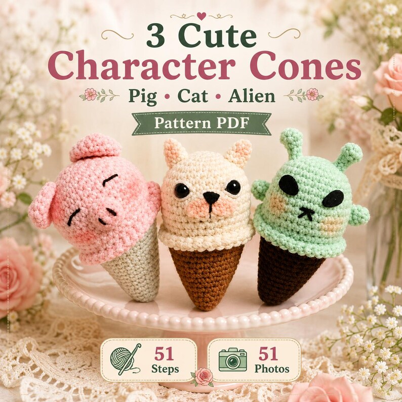 May include: Three crocheted character cones featuring a pink pig, a cream cat, and a light green alien. The text reads 3 Cute Character Cones, Pig, Cat, Alien, Pattern PDF, 51 Steps, and 51 Photos. The items are displayed on a pink pedestal.