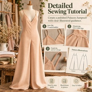 May include: A beige jumpsuit with a V-neck bodice and wide legs displayed on a mannequin. The image includes text titled Detailed Sewing Tutorial, with numbered steps for sewing the bodice, attaching legs, finishing straps, and pattern illustrations.