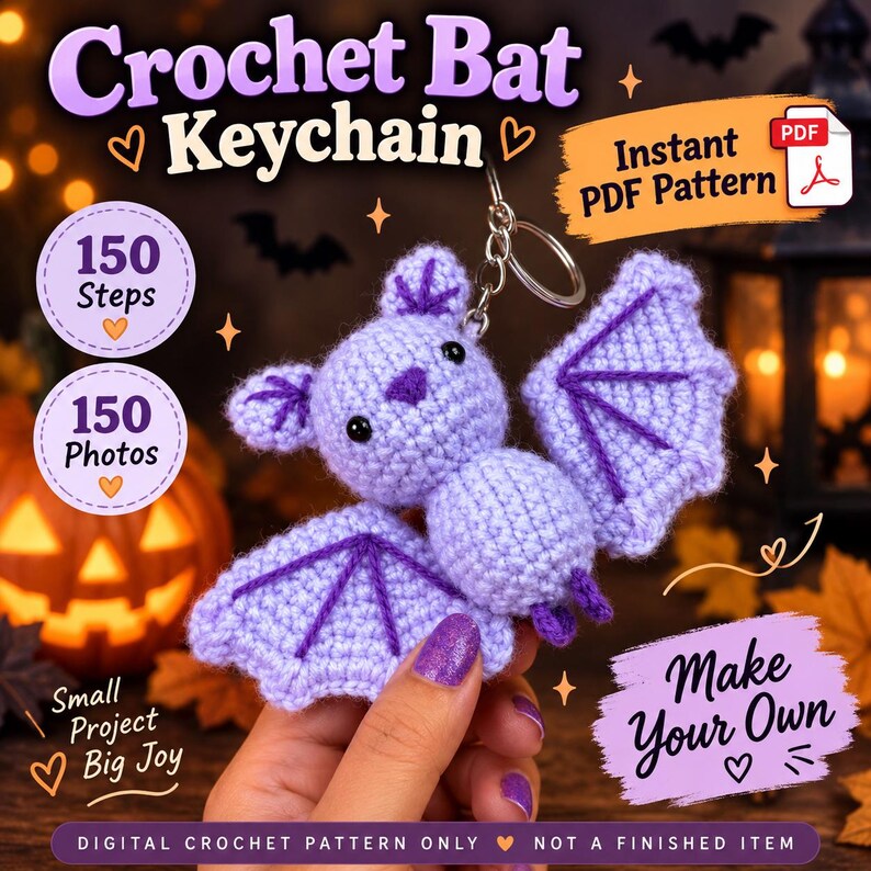 Puede incluir: Un llavero de murci&eacute;lago tejido a ganchillo en color violeta claro con detalles de alas en violeta oscuro, ojos negros y una anilla de metal. La imagen incluye el texto: Crochet Bat Keychain, Instant PDF Pattern, 150 Steps, 150 Photos, Make Your Own, Digital Crochet Pattern Only.