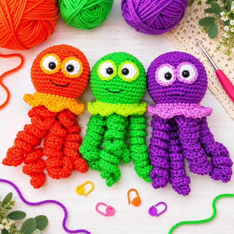 May include: Three crocheted octopus toys in bright orange, lime green, and purple. Each octopus features large white eyes with black pupils, a stitched smile, and eight curly tentacles. Small plastic stitch markers are scattered nearby.