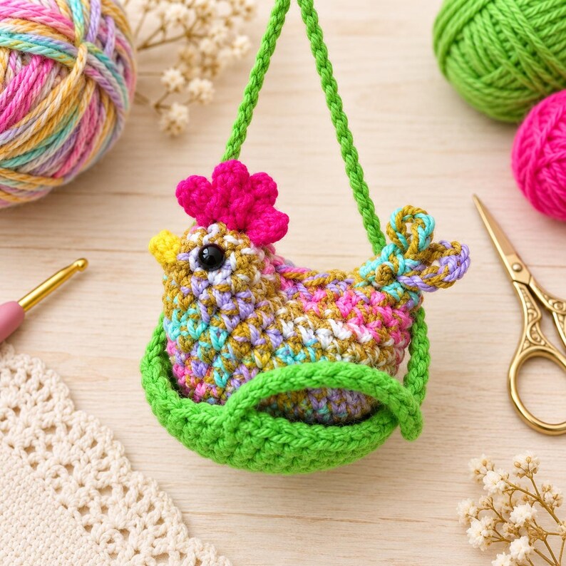 May include: A crocheted chicken ornament featuring a vibrant multicolored body, a bright pink comb, and a yellow beak. The chicken sits inside a small green crocheted basket with a matching green handle for hanging, crafted with detailed yarn stitches.
