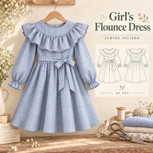 May include: A light blue long-sleeve dress with a large flounce collar, a tie-waist belt, and ruffled cuffs. The image includes text reading Girl's Flounce Dress SEWING PATTERN A4 PDF, along with a technical line drawing of the dress design.