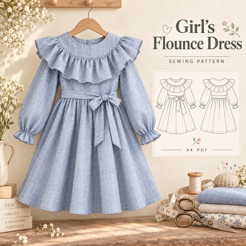 May include: A light blue long-sleeve dress with a large flounce collar, a tie-waist belt, and ruffled cuffs. The image includes text reading Girl's Flounce Dress SEWING PATTERN A4 PDF, along with a technical line drawing of the dress design.