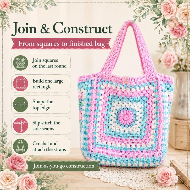 Może przedstawiać: Szydełkowa torba wykonana z r&oacute;żowych, jasnoniebieskich i białych kwadrat&oacute;w typu granny z dwoma uchwytami. Obraz zawiera tekst: Join & Construct, From squares to finished bag, Join squares on the last round, Build one large rectangle, Shape the top edge, Slip stitch the side seams, Crochet and attach the straps, Join-as-you-go construction.