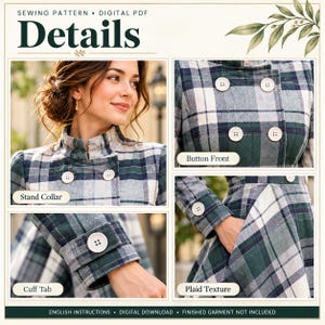 May include: A digital PDF sewing pattern for a coat featuring a green, navy, and white plaid fabric. The design includes a stand collar, a double-breasted button front, long sleeves with cuff tabs, and side pockets. The text reads Sewing Pattern Digital PDF, Details, Stand Collar, Button Front, Cuff Tab, Plaid Texture, English Instructions, Digital Download, Finished Garment Not Included.