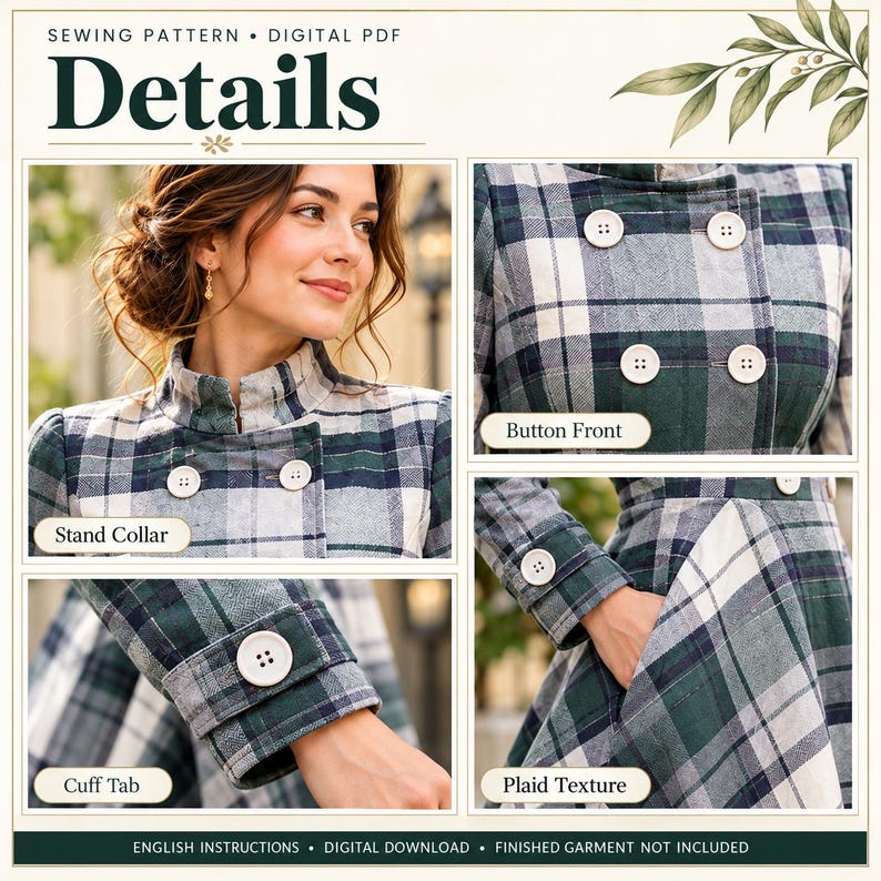 May include: A digital PDF sewing pattern for a coat featuring a green, navy, and white plaid fabric. The design includes a stand collar, a double-breasted button front, long sleeves with cuff tabs, and side pockets. The text reads Sewing Pattern Digital PDF, Details, Stand Collar, Button Front, Cuff Tab, Plaid Texture, English Instructions, Digital Download, Finished Garment Not Included.