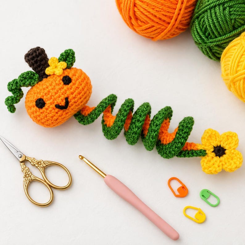 Op de afbeelding: Een gehaakte pompoenbladwijzer met een spiraalvormige staart, voorzien van een lachende oranje pompoenkop met een bruine steel, groene bladeren en een gele bloem. De staart is een groene en oranje spiraal die eindigt in een gele bloem. Inclusief gouden schaar, haaknaald en steekmarkeerders.