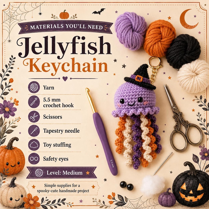 May include: A crochet jellyfish keychain pattern guide featuring text 'Jellyfish Keychain' and 'Materials You'll Need'. Includes a purple jellyfish with a black witch hat, a 5.5 mm crochet hook, yarn balls, scissors, safety eyes, and stuffing.