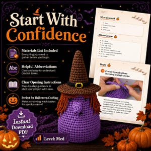 May include: A crochet pattern PDF for a witch basket featuring a purple body, brown hat with a yellow buckle, and orange yarn hair. The document includes a materials list, abbreviations, and step-by-step instructions with photos.