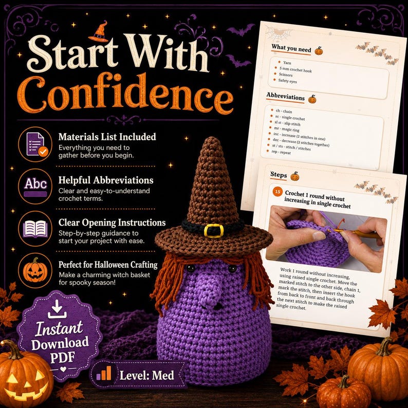 May include: A crochet pattern PDF for a witch basket featuring a purple body, brown hat with a yellow buckle, and orange yarn hair. The document includes a materials list, abbreviations, and step-by-step instructions with photos.