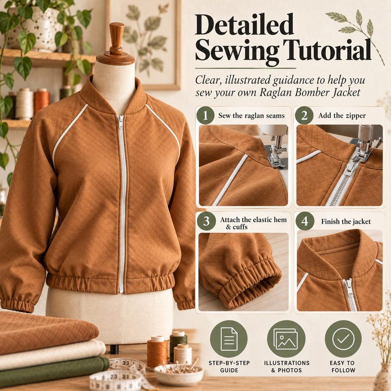 May include: A detailed sewing tutorial for a quilted brown raglan bomber jacket with white piping and a front zipper. The image includes four numbered instructional panels showing sewing steps, plus text labels for a step-by-step guide and photos.