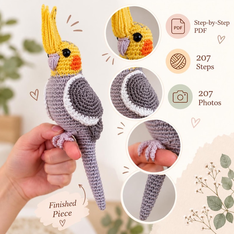 May include: A crocheted cockatiel bird with a yellow crest, grey body, and orange cheek patches. The image includes text labels: Finished Piece, Step-by-Step PDF, 207 Steps, and 207 Photos, along with circular detail shots of the head, wing, feet, and tail.