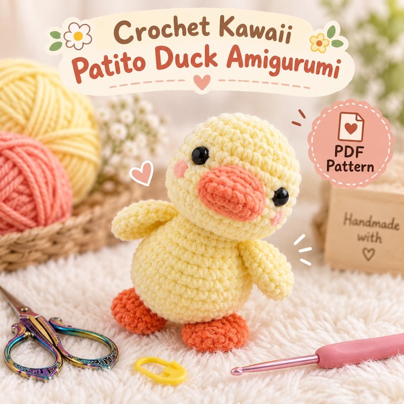 May include: A yellow crochet duck amigurumi with a peach-colored beak and black eyes. Text reads: Crochet Kawaii Patito Duck Amigurumi and PDF Pattern. Includes a pair of iridescent scissors, a yellow stitch marker, and a pink crochet hook.