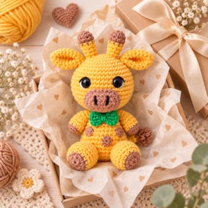 May include: A yellow crocheted giraffe toy with brown spots, brown horn tips, and a green bow tie. The giraffe has large black safety eyes and a brown muzzle. It is nestled inside a gift box lined with white tissue paper featuring small heart prints.