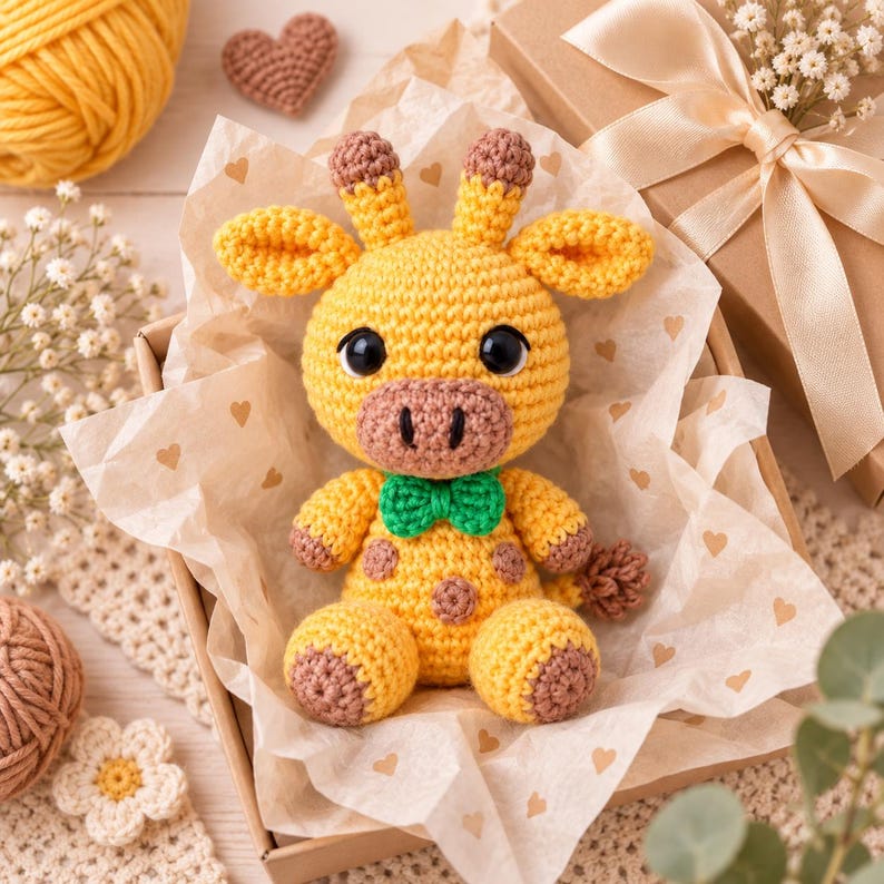 May include: A yellow crocheted giraffe toy with brown spots, brown horn tips, and a green bow tie. The giraffe has large black safety eyes and a brown muzzle. It is nestled inside a gift box lined with white tissue paper featuring small heart prints.