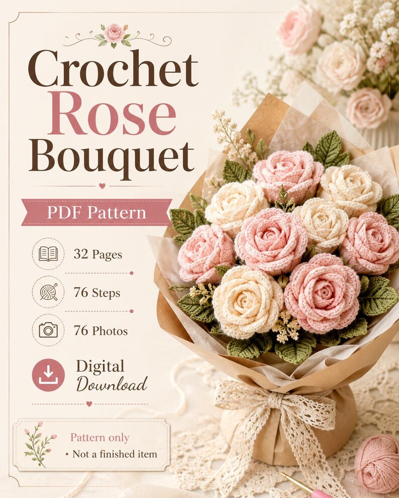 May include: A digital PDF pattern for a crochet rose bouquet featuring text that reads Crochet Rose Bouquet, PDF Pattern, 32 Pages, 76 Steps, 76 Photos, Digital Download, and Pattern only - Not a finished item, with an image of a rose bouquet.