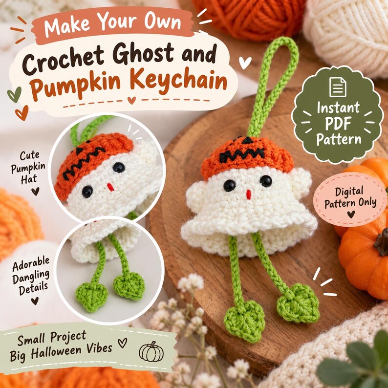 May include: A crochet ghost keychain wearing an orange pumpkin hat with a black jack-o'-lantern face. The ghost has black eyes, a red mouth, and two green dangling legs with leaf-shaped feet. Text reads Make Your Own Crochet Ghost and Pumpkin Keychain.