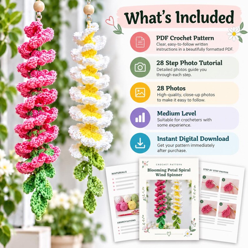 Peut inclure: Deux &eacute;oliennes en crochet suspendues, une rose et une blanche avec des centres jaunes, avec des feuilles vertes en bas. Le texte inclut What's Included, PDF Crochet Pattern, 28 Step Photo Tutorial, 28 Photos, Medium Level, Instant Digital Download.