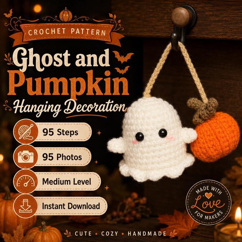 May include: A crochet pattern for a ghost and pumpkin hanging decoration. The text reads: Crochet Pattern Ghost and Pumpkin Hanging Decoration, 95 Steps, 95 Photos, Medium Level, Instant Download, Made with Love for Makers, Cute Cozy Handmade.