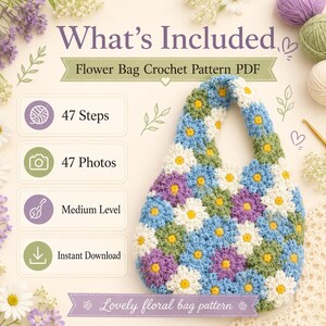 May include: A crochet pattern PDF for a flower bag featuring text that reads What's Included, Flower Bag Crochet Pattern PDF, 47 Steps, 47 Photos, Medium Level, Instant Download, and Lovely floral bag pattern. The bag is made of blue, white, green, and purple flowers.