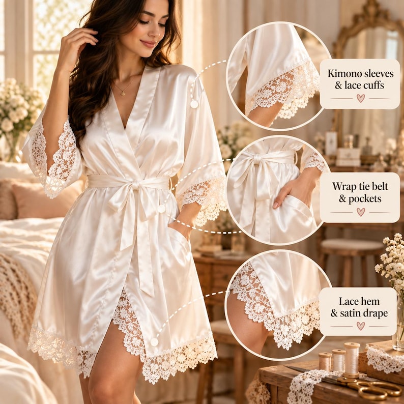 K&ouml;nnte beinhalten: Ein wei&szlig;er Satin-Bademantel mit Kimono-&Auml;rmeln und Spitzenb&uuml;ndchen, einem Bindeg&uuml;rtel, Seitentaschen und einem Spitzenbesatz am Saum. Das Kleidungsst&uuml;ck hat eine glatte, gl&auml;nzende Oberfl&auml;che mit filigranen floralen Spitzendetails.