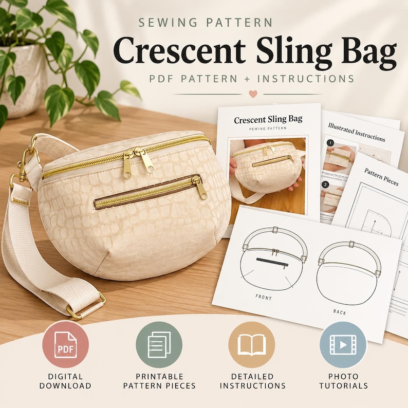 May include: A beige crescent sling bag with a textured pattern, gold-tone zippers, and an adjustable strap. The image includes printed sewing pattern instructions labeled Crescent Sling Bag with diagrams and text for digital download.