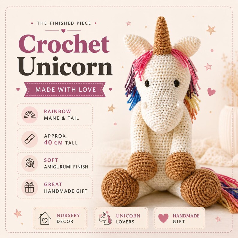 May include: A cream-colored crochet unicorn toy with a golden horn, pink and rainbow-colored yarn mane and tail, and brown hooves. The text reads: THE FINISHED PIECE, Crochet Unicorn, MADE WITH LOVE, RAINBOW MANE & TAIL, APPROX. 40 CM TALL, SOFT AMIGURUMI FINISH, GREAT HANDMADE GIFT, NURSERY DECOR, UNICORN LOVERS, HANDMADE GIFT.