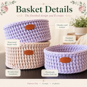 May include: Three round baskets with chunky cord texture, structured walls, and finished rim edging. Each basket features a brown oval leather-look tag embossed with the text Hand Made. The baskets are shown in light purple and beige colors.