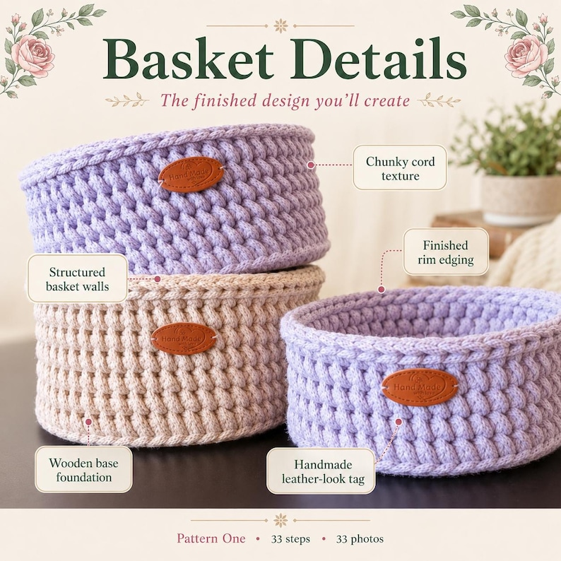 May include: Three round baskets with chunky cord texture, structured walls, and finished rim edging. Each basket features a brown oval leather-look tag embossed with the text Hand Made. The baskets are shown in light purple and beige colors.