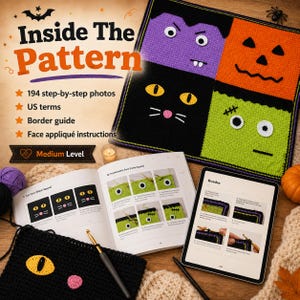 May include: A crochet pattern guide titled Inside The Pattern featuring 194 step-by-step photos, US terms, and a border guide. The image displays a square blanket with four panels: a purple vampire, orange jack-o'-lantern, black cat, and green monster.
