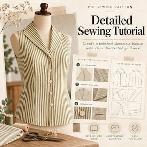 May include: A sleeveless blouse with a green and white vertical stripe pattern, a shawl collar, and a button-front closure. The image includes text: PDF SEWING PATTERN, Detailed Sewing Tutorial, STEP-BY-STEP INSTRUCTIONS, and CLEAR ILLUSTRATIONS.