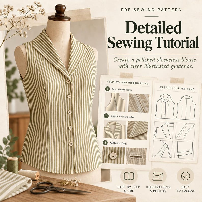 May include: A sleeveless blouse with a green and white vertical stripe pattern, a shawl collar, and a button-front closure. The image includes text: PDF SEWING PATTERN, Detailed Sewing Tutorial, STEP-BY-STEP INSTRUCTIONS, and CLEAR ILLUSTRATIONS.