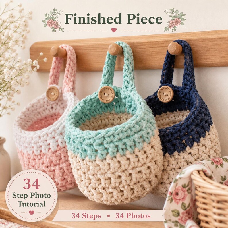 May include: Three hanging crochet baskets in light pink, mint green, and navy blue, each featuring a cream-colored base and a wooden button closure. The baskets are suspended from a wooden rack, with text reading Finished Piece and 34 Step Photo Tutorial.