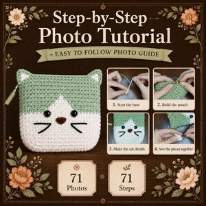 May include: A crochet pattern guide titled Step-by-Step Photo Tutorial featuring a sage green and white cat-shaped pouch. The guide includes 71 photos and 71 steps, with four instructional images showing the process of starting the base, building the pouch, adding cat details, and sewing the pieces together.