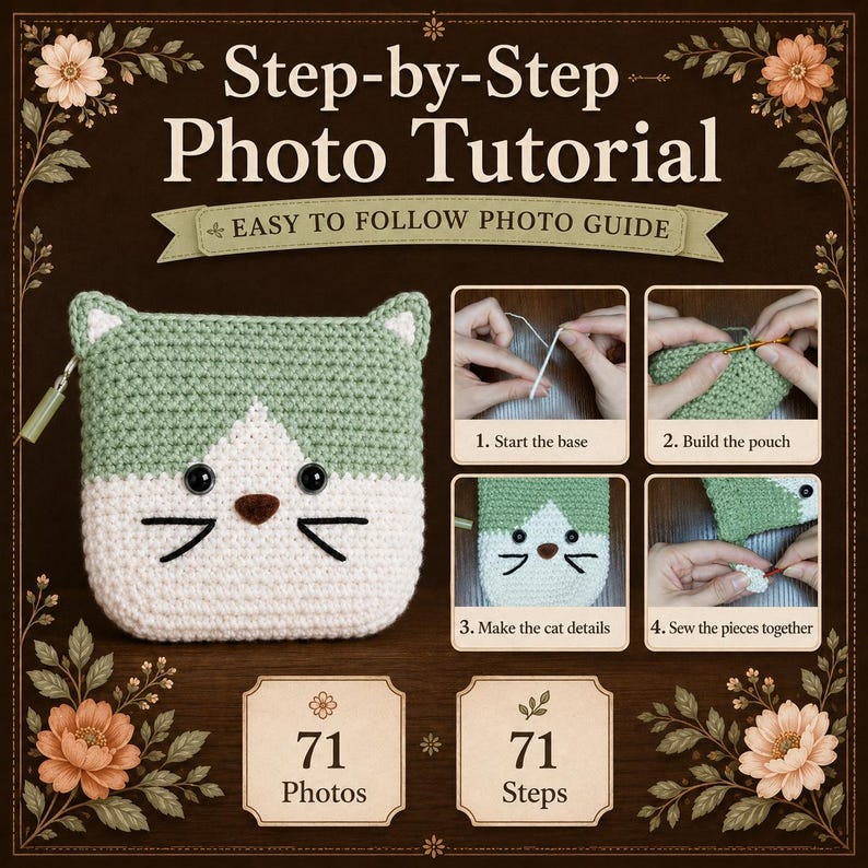 May include: A crochet pattern guide titled Step-by-Step Photo Tutorial featuring a sage green and white cat-shaped pouch. The guide includes 71 photos and 71 steps, with four instructional images showing the process of starting the base, building the pouch, adding cat details, and sewing the pieces together.