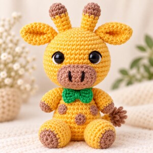 May include: A yellow crocheted giraffe stuffed animal with brown spots, a brown snout, and two small horns on its head. The giraffe features large black plastic eyes and a bright green crocheted bow tie around its neck, with brown accents on its feet.