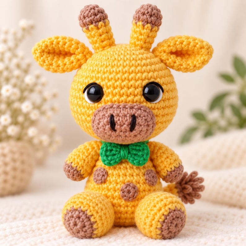 May include: A yellow crocheted giraffe stuffed animal with brown spots, a brown snout, and two small horns on its head. The giraffe features large black plastic eyes and a bright green crocheted bow tie around its neck, with brown accents on its feet.